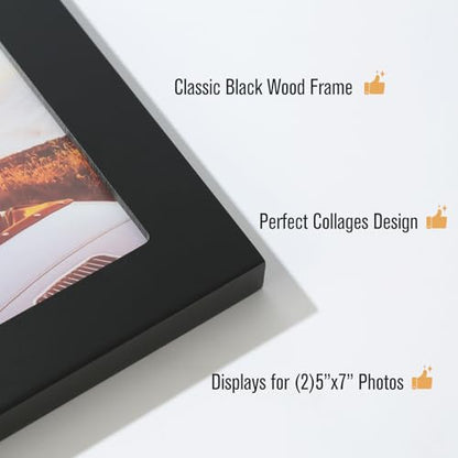 5x7 2-Opening Collage Frame Black Wood | Two 5x7 openings, shatter-resistant glass, tabletop & wall mount - size: 5x7 - 2 Opening