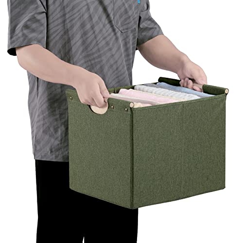 HOONEX Large Collapsible Storage Bins, Linen Fabric, Pack of 2, Storage Baskets with Wooden Carry Handles and Sturdy Heavy Cardboard, for Home, Office, Car, Nursery, Olive - color: Olive