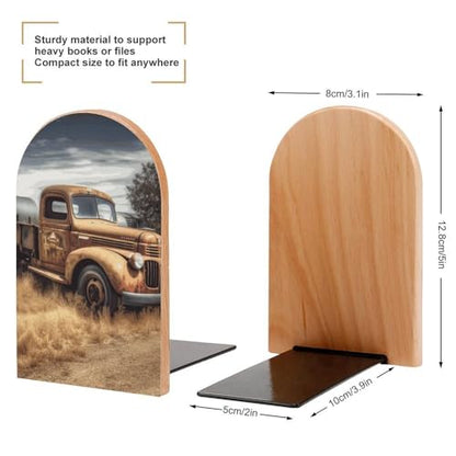 Old Truck Car Book Ends for Shelves - 2 Pack Handmade Wooden Bookends with Metal Base, Sturdy Book Holder for Heavy Books Modern Decorative Book Stopper for Home Office