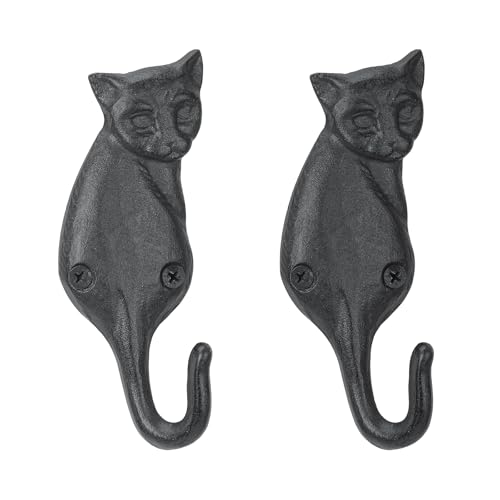 Cast Iron Cat Wall Mounted Hooks for Keys, Coats, Towels, Jackets, Hats - Rustic Wall Rack Decorative Entryway Set of 2 - color: Cat