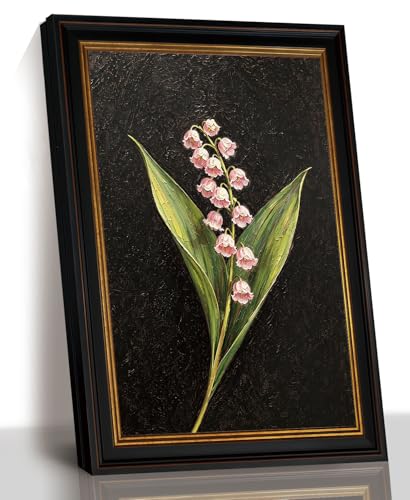 Vintage Lily of the Valley Wall Art, Black Gold Trim Frame, 12 x 16 In | Black frame with gold-tone trim showcases pink lily of the valley blooms for bedrooms, offices, shelves, or entryways. - color: Pink Lily of the Valley, size: 16"L x 12"W