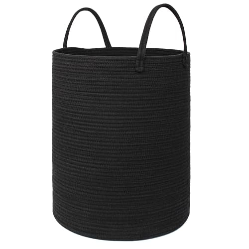 Black Woven Laundry Basket, 15"x18" Tall Basket for Blankets, Wicker Hamper for Bedroom Aesthetic, Decorative Storage Hamper for Clothes, Towel, Rope Storage Bin for Living Room, Bathroom - color: Black, size: 15"D x 18"H