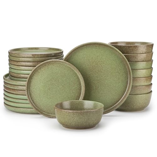 vancasso ZERMATT 24 Pieces Stoneware Dinnerware, Plates and Bowls Set for 8 | Dishes Set for 8 in Mossy Green Reactive Glaze Stoneware, Kitchen Dinner Set, Microwave and Dishwasher Safe - color: Mossy Green, size: 24 Pcs (Service for 8)