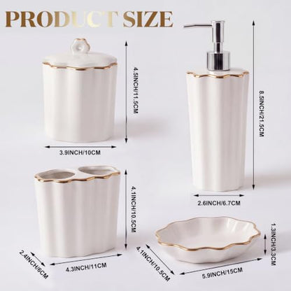 Zhehao Scalloped Bathroom Ceramic Accessories Set 4 Pcs Bathroom Accessory Sets with Toothbrush Holder Soap Dispenser Soap Dish Cotton Swab Jar Bathrooms Countertop Organizer(Gold) - color: Gold