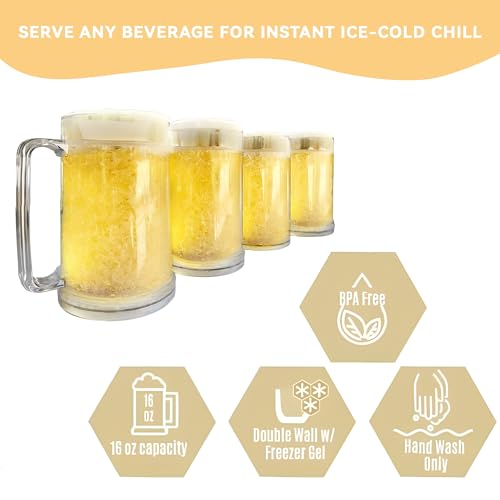Lily's Home Freezer Beer Mugs with Handles, 16 oz Set of 4 – Clear Frosted Double Wall Insulated Acrylic, Gel-Filled, Break-Resistant for Home Bar, Pool Parties, BBQ & Outdoor - style: With handle(16oz)