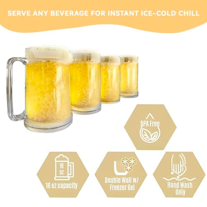 Lily's Home Freezer Beer Mugs with Handles, 16 oz Set of 4 – Clear Frosted Double Wall Insulated Acrylic, Gel-Filled, Break-Resistant for Home Bar, Pool Parties, BBQ & Outdoor - style: With handle(16oz)