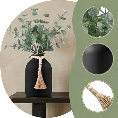 6 Pcs Artificial Eucalyptus Stems in Large Black Vase ,18" Artificial Greenery Stems Centerpieces Fake Eucalyptus Stems 9 in Tall Vase Home Decor Coffee Table Kitchen Table Centerpieces Decor (Black)