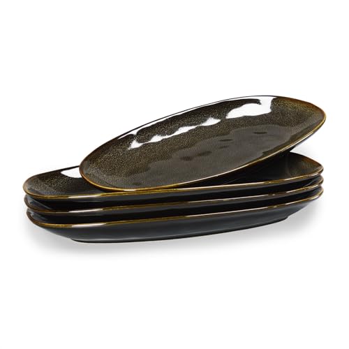 Ceramic Salad Plates, 13.4 Inch Serving Platters for Pasta, Appetizer, Dessert, Snack, Set of 4, Serving Plate for Kitchen, Table decoration, Holiday Gifts, Microwave & Dishwasher Safe, Brown - color: Brown, size: 13.4 Inch