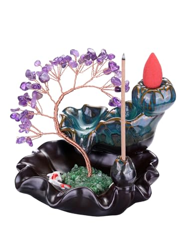 Jovivi Backflow Incense Burner Ceramic Incense Waterfall, Natural Amethyst Healing Crystal Money Tree Incense Holder for Wealth, Good Luck, Yoga Meditation, Home Decor - color: Amethyst