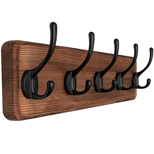 SKOLOO Rustic Wall Mounted Coat Rack with 16 Inch Mounting Hole Distance, Pine Solid Wood Coat Hook Hanger - 5 Hooks for Hanging Clothes Robes Towels Coats - color: Brown Plate & Black Hook, size: 1 Item-5 Hooks