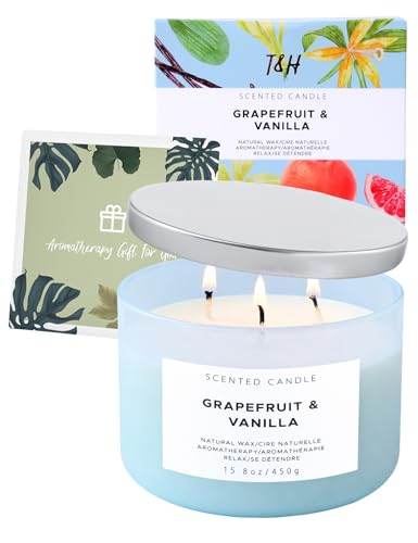 Grapefruit Vanilla 3-Wick Soy Candle, 15.8 Oz Large Scented Candle for Home | Bright Creamy Citrus With Bergamot & Berries, Aromatherapy, Room-Filling Scent, Clean Burn, 15.8 Oz, Blue Jar, Gift Ready