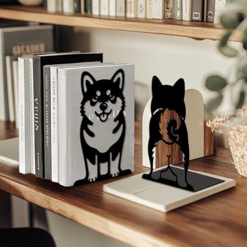 5.3"x4.3"x7.9" Metal Bookends, Heavy Duty Book Ends for Shelves | Cute Shiba Inu Theme Cast Iron Book Supports, 1 Pair Decor Stoppers for Desk, Library, Office & Home Shelves - style: Cute Shiba Inu
