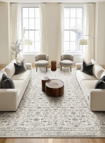 Machine Washable Rugs for Living Room: 10x14 Area Rugs for Bedroom | Ultra Soft,Non-Slip,Low Pile,Vintage Distress,Boho,Large,Carpet,High-Traffic,Dining Room,Nursery Room,Farmhouse Decor - color: Beige/Grey/Multi, size: 10' x 14' (Rectangular)