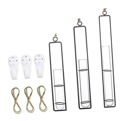 CALLARON 3 Kits Hanging Hydroponic Test Tube Vase Set with Iron Frame, Glass Plant Propagation Containers, Wall-mounted Flower Holders for Indoor and Garden Decoration