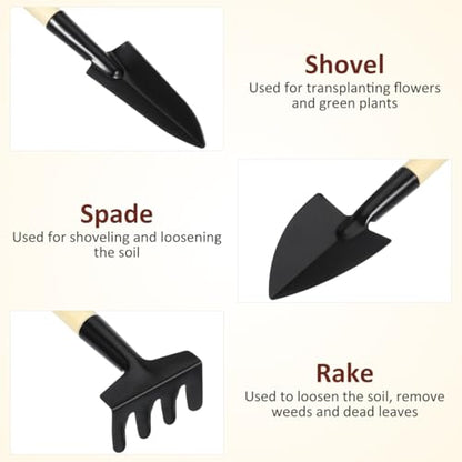 DOITOOL 6pcs Mini Gardening Tools Set with Wood Handle – Mini Trowel, Rake Shovel for Planting, Transplanting, Weeding – Compact Hand Tools for Bonsai and Indoor Outdoor Garden Use