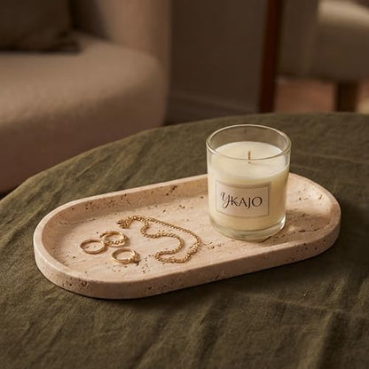 YKAJO Natural Travertine Beige Oval Marble Tray, 11.8x5.9 Vanity Organizer | Honed natural stone; jewelry & trinket dish, ring & key holder, soap & candle catchall; bath counter, dresser, coffee table - color: Natural Travertine Beige, size: 11.8" x 5.9"
