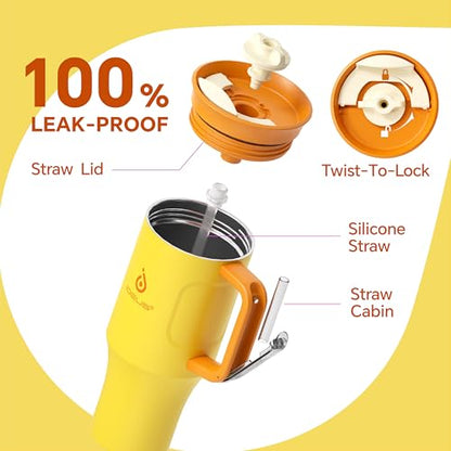 Ideus 32 oz Tumbler with Handle and Straw, 100% Leak Proof Dual Wall Vacuum Insulated Stainless Steel Travel Mug, Cup Holder Friendly, Yellow - color: Yellow