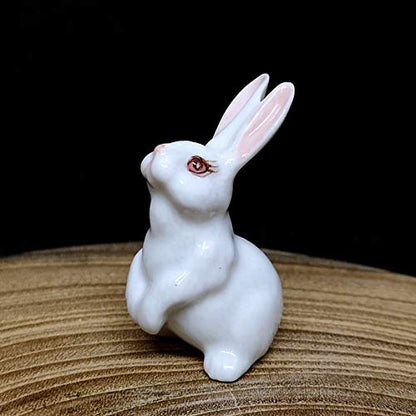 Handmade Ceramic Miniature Rabbit Figurine, Shelf Decor | Hand-painted ceramic, white, 1.9 in tall, for bookshelf, nursery shelf or windowsill, gift for bunny lovers and rabbit owners