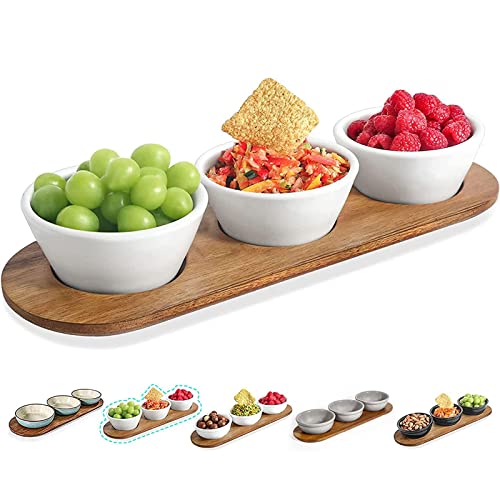 10oz Ultra-fine Porcelain Chips and dip Serving Platter with Acacia Wooden Tray, 4.75inch White Dipping Bowls,Small Serving Bowls for Condiments, Side Dishes, Pre, Dessert, Salsa, Entertaining - color: White 1, size: 4.75 inch
