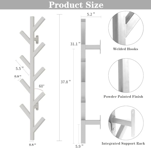 Prywot Vertical Hat Rack, Metal Coat Rack Wall Mounted, White, 37.8" | 9 Hooks, Space-saving wall-mounted design, for Hats, Jackets, Coats, and Bags - Suitable for Entryways and Bedrooms - color: White