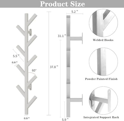Prywot Vertical Hat Rack, Metal Coat Rack Wall Mounted, White, 37.8" | 9 Hooks, Space-saving wall-mounted design, for Hats, Jackets, Coats, and Bags - Suitable for Entryways and Bedrooms - color: White