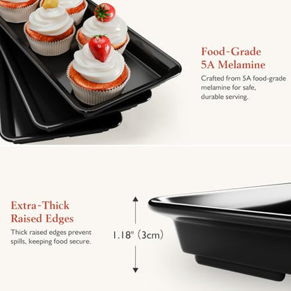 Bumusty 3-Tier Melamine Serving Tray Set, 11.5 x 5.6 in, Black Platters | Melamine Reusable Platters with Metal Display Stand for Cupcakes, Desserts, Fruit, Cookies, Parties, Birthdays and Holidays - color: Black Stand, size: 11.8" x 5.7"