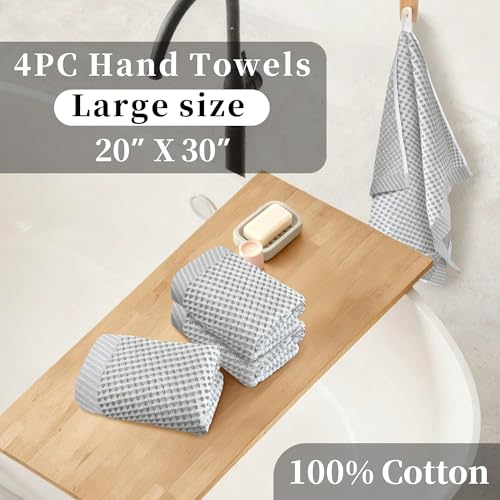 VOOVA & MOVAS Waffle Bathroom Hand Towels 4PC 20"x30", 100% Cotton | Luxury Texture, Quick Dry, Lightweight, Durable, with Hanging Loop, Essential Bathroom Supply, White and Gray Waffle Design - color: White + Gray, size: 4PC Hand Towels