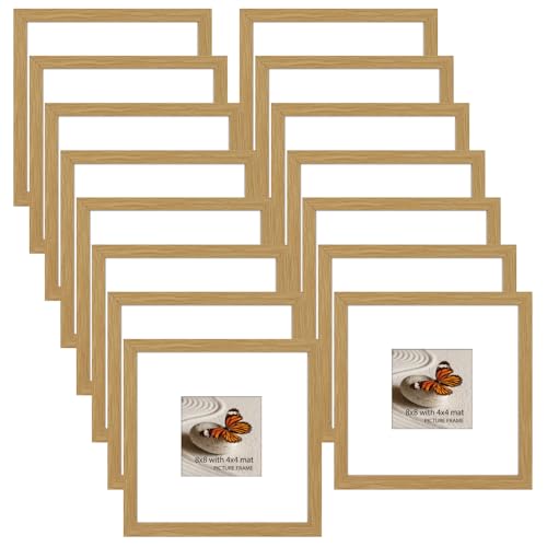 Memory Island 8x8 with 4x4 Photo Frames for Wall and Tabletop Display, 8 by 8 Natural Wood Picture Frames with HD Plexiglass, Set of 15 - color: Natural Wood Grain, size: 8x8"