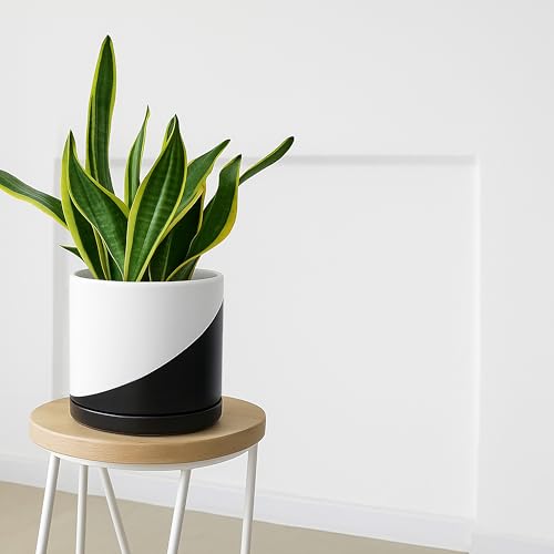 D'vine Dev 10 Inch Ceramic Planter Pot, Black White Diagonal, 94-O-E-K | Modern Cylinder Design, Drainage Hole & Saucer Included, Stable Structure, Elegant Home Accent - color: Oblique Monochrome Black & White, size: Large