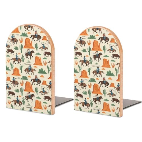 Wooden Bookends to Hold Books Decorative Bookshelf Book Ends, Desert | Western Wild West Cowboy Horse Cactus, Heavy Duty Book Stoppers, Desktop Organizer with Metal Base for Magazines, 1 Pair - color: Style(508)