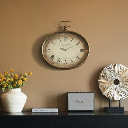 Large Decorative Wall Clock - 20 inch, Distressed Gold, Oval Pocket Watch Design, Roman Numerals, Battery Operated, Large Antique Style for Living Room, Kitchen, Bedroom Decor - size: 20''