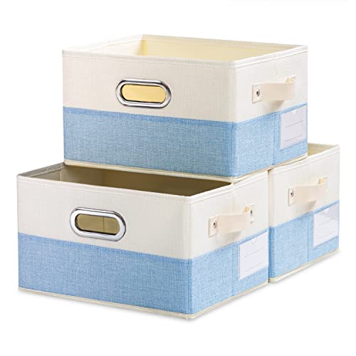 Fodable Storage Bins for Closet [3-pack] Decorative Fabric Storage Baskets Cubes with Leather/Metal Handles for Shelves Bedroom Living Room Blue&Cream (11.5x8.5x6.7 Inch) - color: Blue&Cream, size: Medium(3-Pack)