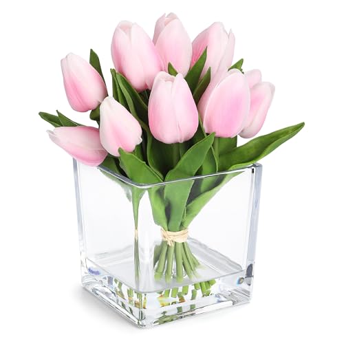 Garvee Pink Tulip Artificial Flowers with Glass Vase, Silk Faux Tulip Flower Arrangement with Faux Water, Fake Flowers in Vase for Table Centerpieces, Shelf Bathroom Decor, Home & Wedding Decoration - color: Tulip Pink