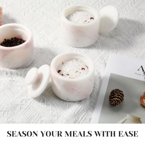 Marble Salt Cellar with Lid, Stone Pepper Container & Spice Jars | 3.5" Marble Salt and Pepper Holder, Stone Storage Box for Kitchen Counter, Spice Jar (Namibia Rose White) - color: Namibia Rose