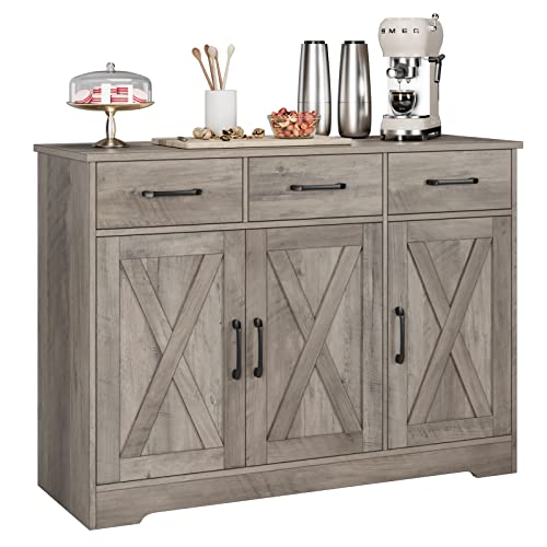 HOSTACK Kitchen Buffet Cabinet with Storage, Sideboard Coffee Bar, Grey | Farmhouse Kitchen Storage Cabinet with 3 Drawers & Adjustable Shelf, 42.5"W Buffet Table for Dining Living Room, White - color: Ash Grey