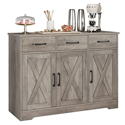 HOSTACK Kitchen Buffet Cabinet with Storage, Sideboard Coffee Bar, Grey | Farmhouse Kitchen Storage Cabinet with 3 Drawers & Adjustable Shelf, 42.5"W Buffet Table for Dining Living Room, White - color: Ash Grey