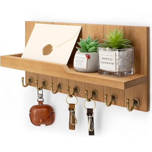 Rebee Vision Key Holder Wall Mount with 7 Key Hooks for Entryway, Yellow | Key Holder for Wall, Hanging Shelf, Key and Mail Holder for Wall, Display Plants & Letters, Stylish Home Storage Accent - color: Light Brown, size: 15 inches
