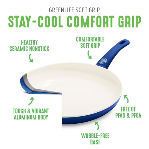 GreenLife 16 Piece Ceramic Nonstick Pots & Pans Cookware Set, Blue | PFAS-Free Nonstick Coating, Stockpot, Frying Pans, Saucepans, Sauté Pan, Stay-Cool Handles, Dishwasher & Oven Safe up to 350F - color: Blue, style: Soft Grip