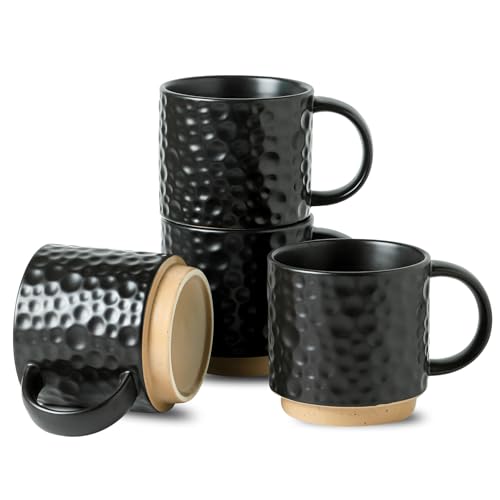 Nihow 16OZ Stackable Coffee Mug Set, Large Ceramic Coffee Mug Set of 4,Coffee Cup Set for Cappuccino/Latte/Cocoa,Dishwasher & Microwave Safe, Matte Black - color: Matte Black, size: 16 oz Without Stand