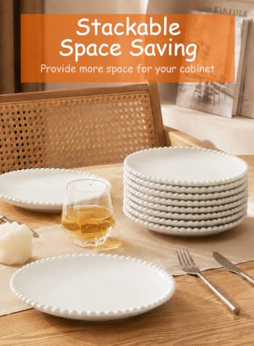 7.5" White Porcelain Beaded Appetizer Plates Set of 10 | Round Shape,Ceramic,Small Dinner Serving Dishes, for Dessert, Snack, Ice Cream, Waffles, Microwave, Dishwasher, Oven Safe - size: 7.5 Inch - 10P