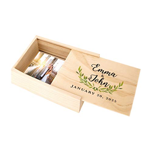 Koyal Wholesale Custom Willow Branch Leaves Cursive Couple Names Wedding Keepsake Box, 4 x 6 -inch, Custom Date, Wood - color: Cursive Willow Branch Leaves