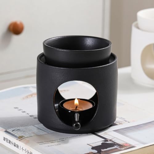 Hand Made Large Capacity Essential Oil Burner Wax Melt Burners, Aromatherapy Aroma Burner Ceramic Oil Diffuser Candle Tealight Holder Home Bedroom Decor-Black - color: Black