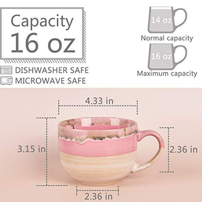 Bosmarlin Large Ceramic Coffee Mug Set of 2, Stoneware Jumbo Latte Mugs Tea for Office and Home, 16 Oz, Dishwasher and Microwave Safe(Pink, 2) - color: Pink