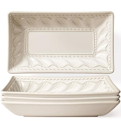 Salad Plates Set of 4, 9.85" Embossed Ceramic Rectangular Appetizer Plates, Deep Lipped Edges, Microwave & Dishwasher Safe, Dessert Sushi Pasta Serving Plates (White, Willow Leaf) - color: White (Willow Leaf), size: 9.85 inch