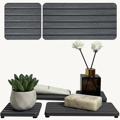 Set of 4 Bathroom Vanity Tray, Quick-Dry Diatomite Kitchen Tray with Non-Slip Pads | Water Absorbing Stone Used for Soap, Sponges, Cosmetics | Eco-Friendly Bath Sink Organizer - color: Drak Gray
