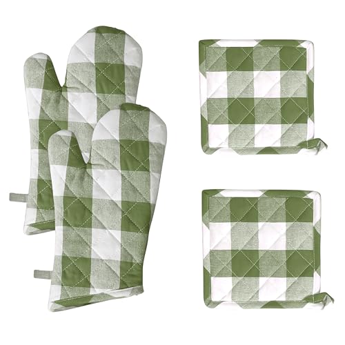 Native Fab Buffalo Plaid Check Oven Mitts and Pot Holders Set of 4, 100% Cotton Heat Resistant Kitchen Gloves, 2 Oven Mitts (7x13), 2 Pot Holders (8x8) for Cooking & Baking, Mint Green White - color: Buffalo, Mint Green