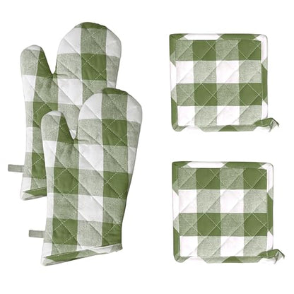 Native Fab Buffalo Plaid Check Oven Mitts and Pot Holders Set of 4, 100% Cotton Heat Resistant Kitchen Gloves, 2 Oven Mitts (7x13), 2 Pot Holders (8x8) for Cooking & Baking, Mint Green White - color: Buffalo, Mint Green