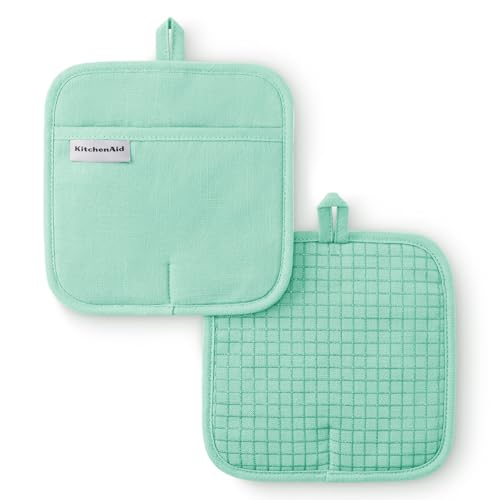KITCHENAID Gourmet Series Gridlines Pot Holders 2-Pack Set, Heat Resistant up to 600°F, Soft Silicone Grip, Magnetic Cuff, Color of The Year, Spearmint, 8"x8" - color: Spearmint