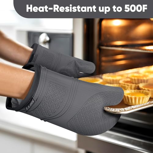 Silicone Oven Mitts, Heat Resistant Oven Gloves with Quilted Liner, Waterproof & Non-Slip Kitchen Mittens for Baking Cooking BBQ, 500°F, 12.5"-Deep Gary - color: Deep Gary