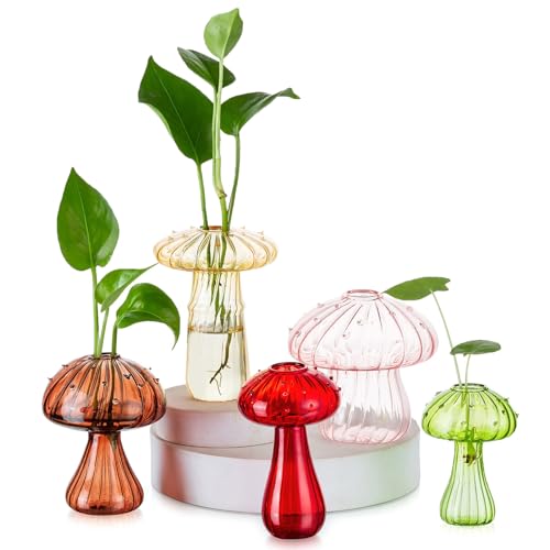 Hewory Plant Propagation Stations: 5PCS Colored Glass Mushroom Vase Jars | Propagation Vases, Mushroom Decor, Gifts for Plant Lovers, Mother, Glass Planter for Windowsill, Buddy, Terrarium Kit, Indoor - color: Colorful-5pcs